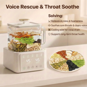 Herbivara Voice Rescue Tea featuring expanding Malva Nut (Pangdahai) and Monk Fruit for soothing sore throats and hoarseness.