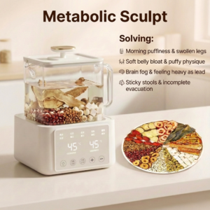 Herbivara Metabolic Sculpt Tea bag featuring Adzuki Bean, Coix Seed, and Ficus Hirta root for water retention relief.