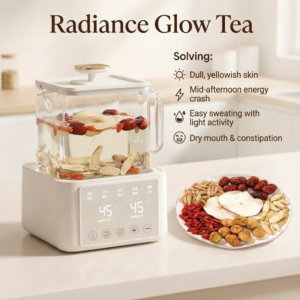 Herbivara Apple Astragalus Tea bag with visible ingredients including 5-Year Ginseng, Dendrobium, and Figs for skin brightening.