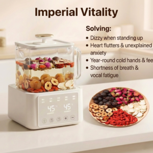 Herbivara Imperial Vitality Tea ingredients featuring Ejiao (Donkey-hide Gelatin) slices, Black Goji Berries, and Ginseng root for blood nourishment.