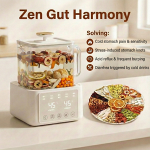 Herbivara Gut Harmony Tea blend featuring Lion's Mane Mushroom, Clove, and Seabuckthorn for digestive health and stomach warming.