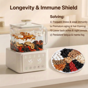 Herbivara Longevity Shield Tea ingredients featuring dried Mulberry, Goji Berries, and Ginseng roots for adrenal support and immune defense.