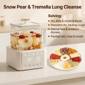 Herbivara Tremella Glow Tea blend featuring Silver Ear Mushroom and Snow Pear, brewing into a thick vegan collagen gel for skin hydration.