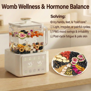 Herbivara Hormone Harmony Tea ingredients featuring Red Ginseng slices, Flaxseeds, Pumpkin Seeds, and Figs for womb wellness.