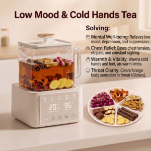 Dried rose petals and warming herbs in a ceramic teapot