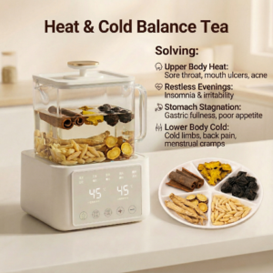 Herbal tea blend with cinnamon and coptis in a ceramic cup