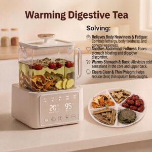 Dried ginger, atractylodes, and herbs on a wooden board