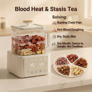 Moutan bark, red sage, and herbs displayed on a ceramic plate